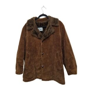 Vintage Pacific Trail Brown Corduroy Coat Faux Fur Collar & Lining Button-Up Men